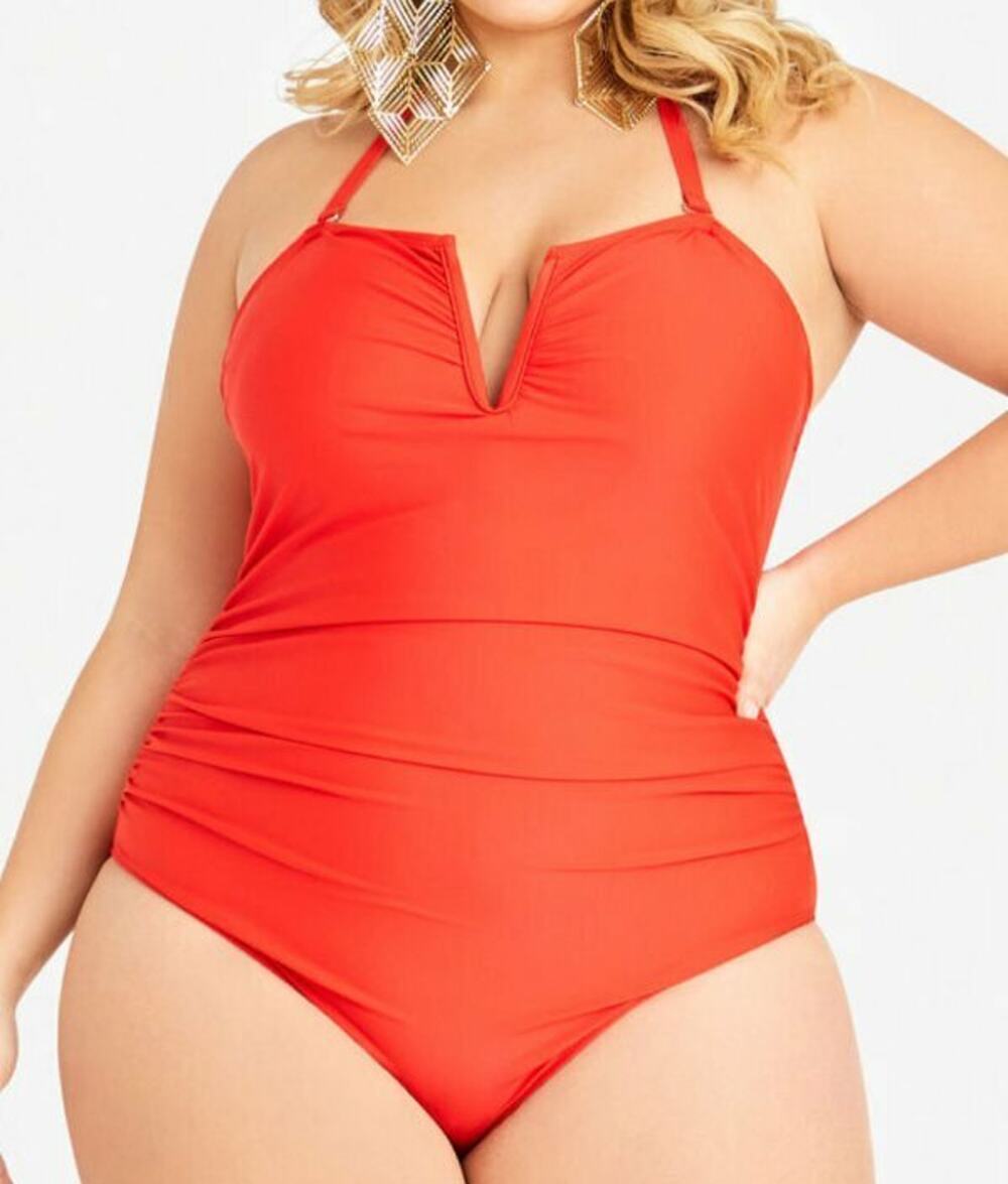 NEW NICOLE MILLER RED RUCHED HALTER ONE PIECE SWIMSUIT SIZE 2X